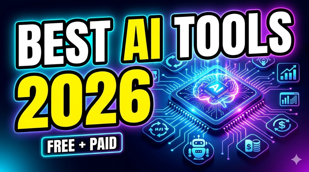 Best AI tools 2026 free and paid — glowing AI brain chip with icons for data, money, and automation on a dark tech background
